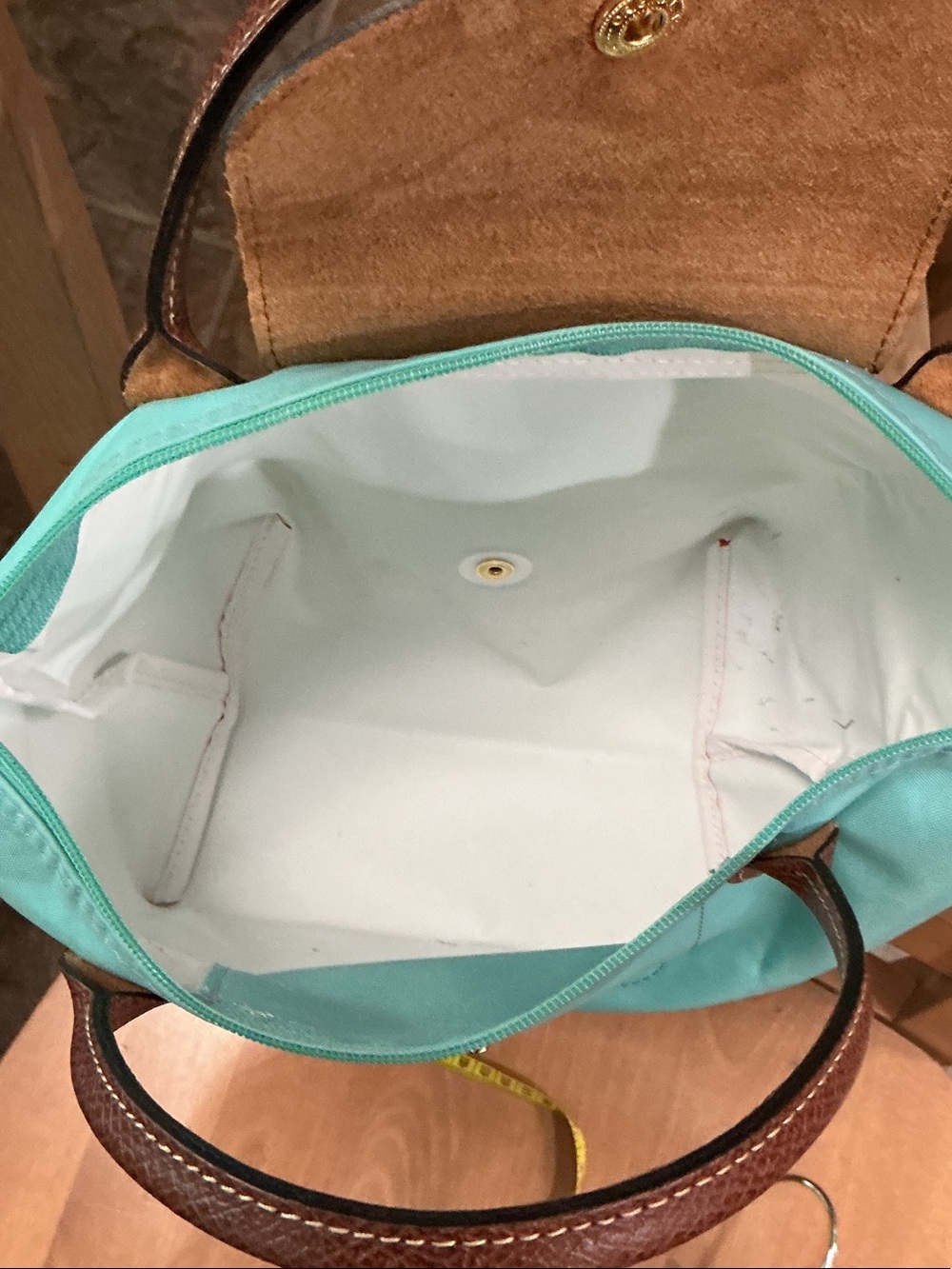 Longchamp Turquoise Nylon Le Pliage Tote with Brown Leather Trim - Picture 10 of 14